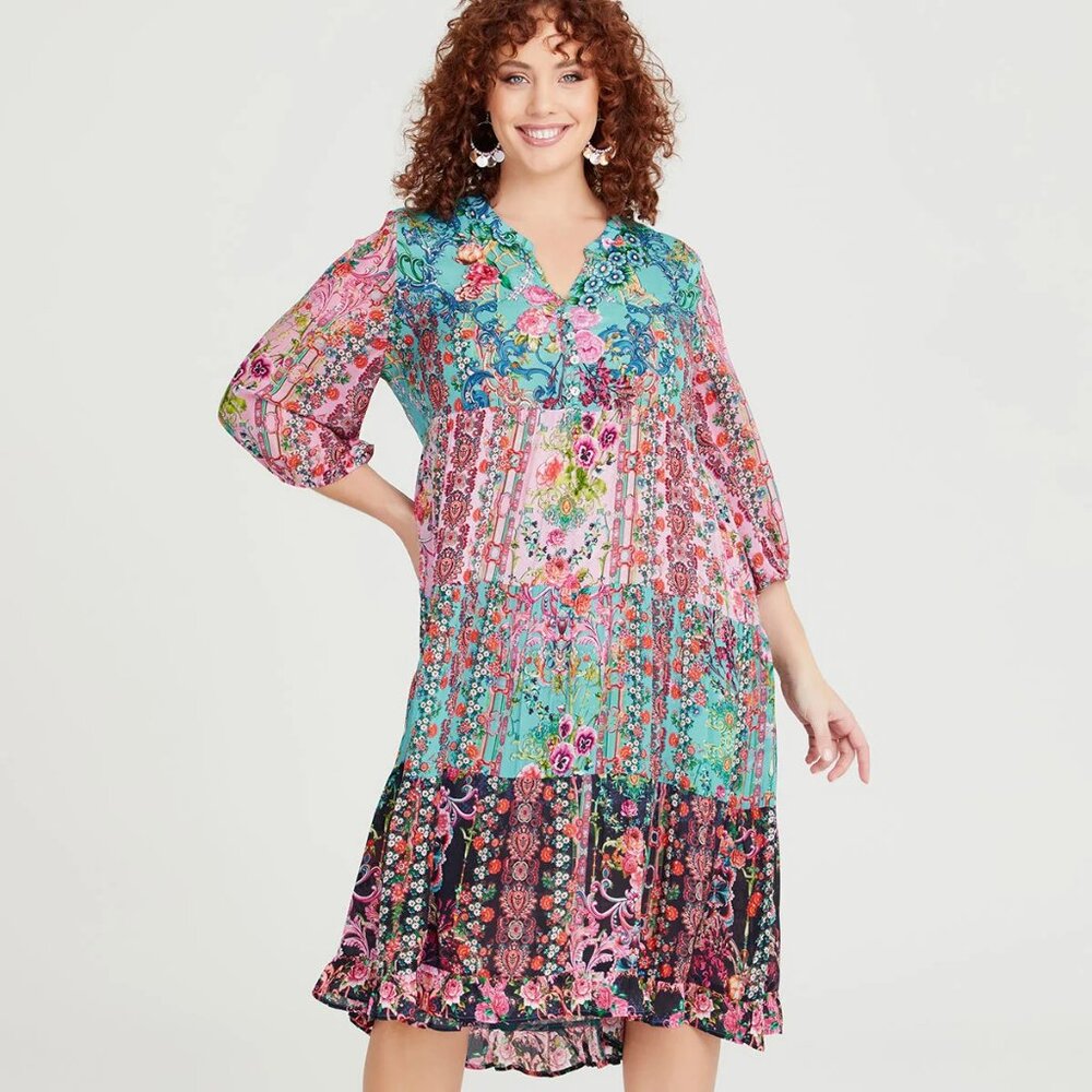 Taking Shape Virtuelle Floral Midi Dress Natural‎ Somerset Spliced Sz 16 B41